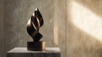 An elegant, twisted bronze sculpture with a reflective surface, positioned on a smooth marble block