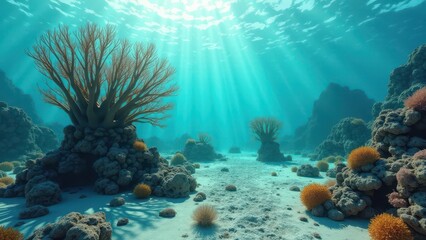 Obraz premium Bleached coral scattered across a sandy ocean floor under a cloudy sky 