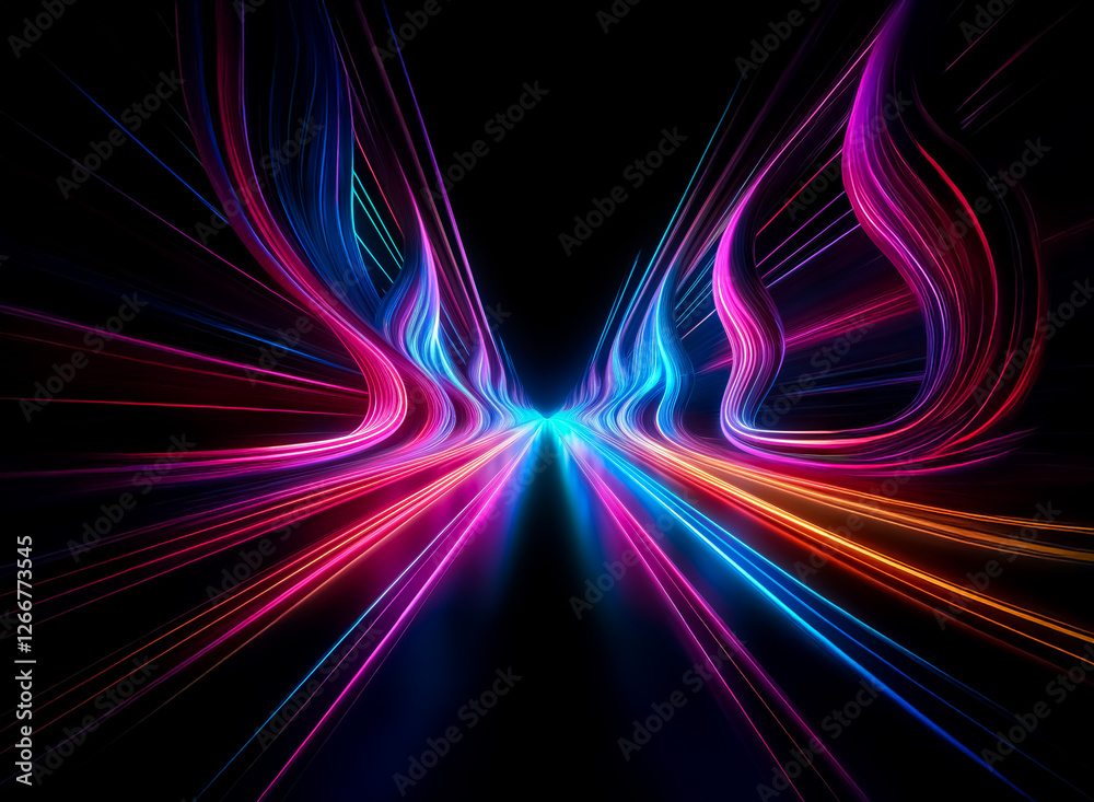 Wall mural vibrant neon light trails converge from the darkness, creating a dynamic abstract design with flowin