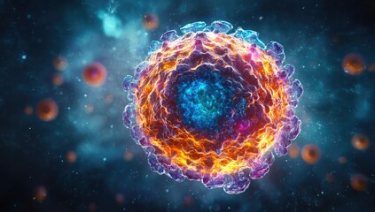 Abstract illustration of a complex cell or virus, showcasing vibrant colors and intricate details, against a dark background.  The cell appears glowing with a fiery orange and reddish color scheme