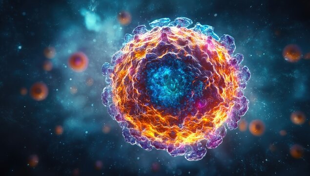 Abstract illustration of a complex cell or virus, showcasing vibrant colors and intricate details, against a dark background. The cell appears glowing with a fiery orange and reddish color scheme