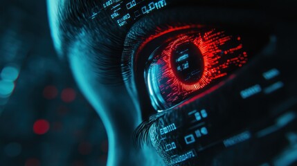 Cyborg Eye Digital Data in Iris, Futuristic Background, Tech Concept