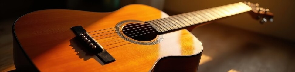 Sunlit acoustic guitar, rich wood grain, dramatic shadows, professional, dark