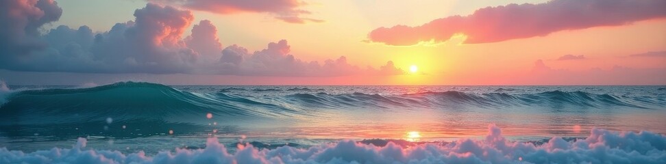 Naklejka premium Sunrise paints the sky with pastel hues over tranquil ocean waves , beautiful, sunrise over ocean, dawn