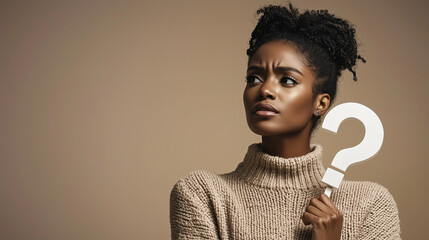 Confident Black woman holding a question mark symbolizing identity exploration