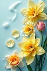 Obraz premium Swirling petals of daffodils, tulips, and roses in milky liquid, dreamy scene, orange, abstract art