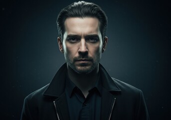 Dramatic Portrait of a Serious Man in Dark Clothing, Moody Atmospheric Photography for Dramatic and Cinematic Themes