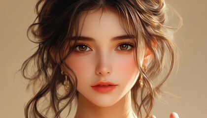 Fototapeta premium Smiling woman with long wavy hair and red manicure showcasing beauty makeup and elegance