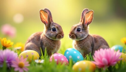 Fototapeta premium Two bunnies surrounded by vibrant decorated eggs in a field of flowers , cute rabbits, easter image, easter scene