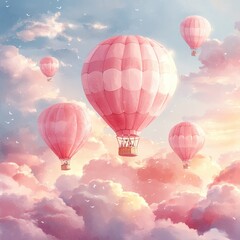 Obraz premium Whimsical Watercolor Hot Air Balloon Pattern with Clouds and Rainbow for Baby Nursery Decoration