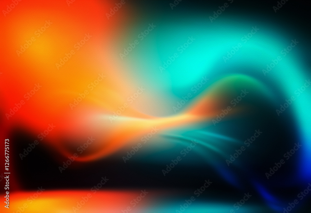 Poster Grainy texture background featuring a vibrant gradient of orange, red, teal, and blue hues blending smoothly. Abstract and blurry backdrop effect.