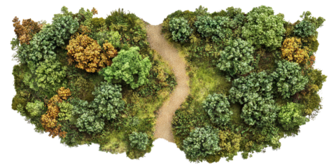 Aerial view of a forest path surrounded by green trees, isolated on transparent cutout background