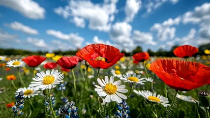 Vibrant poppies and daisies in a sunny field, symbolizing spring renewal, nature, and Easter blooms