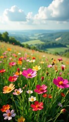 Obraz premium Vibrant wildflowers against a backdrop of South Downs, Wildflowers, meadow scene, rolling hills