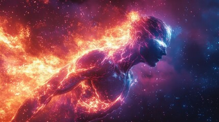 Naklejka premium Lightning Power Experimental Man in Ruins Digital Art Illustration Painting Superhero Mutant Strong Character Concept Creature Villain