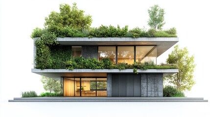Modern house design featuring a green roof and large windows surrounded by trees and landscaping