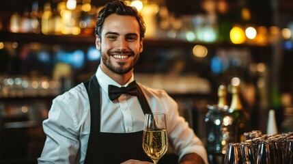 smiling bartender holding champagne flute in upscale bar