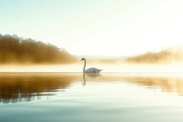 Fototapeta premium Swan gliding across a misty lake at sunrise