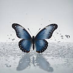 A blue butterfly with droplets of water on its wings, sparkling on a white background.