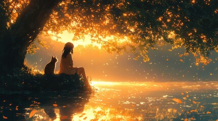 girl sitting on tree branch by lake with cat in summer tranquil scene