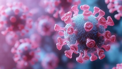 Close up view of a virus model, showcasing intricate details of the viral structure, featuring a vibrant mixture of teal and pink hues, with a bokeh effect around it