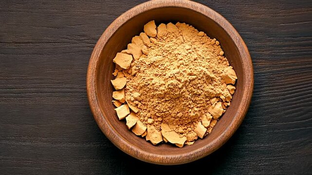 Ground maca root powder in a wooden bowl, superfood and energy boost, diet and wellness