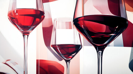 advertisement for red wine glasses, featuring an illustration of three tall and elegant glass cups