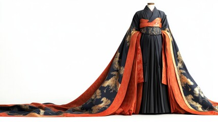 Black and orange kimono with a gold and red sash displayed on a hanger