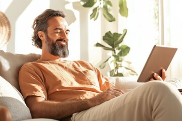 adult man sits at home on the couch and reads a book or communicates on the Internet. The charming gentleman is engaged in online shopping.