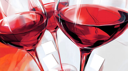 advertisement for red wine glasses, featuring an illustration of three tall and elegant glass cups