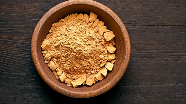 Bowl of powdered maca root on wooden table, superfood energy boost, Peruvian nutrition supplement