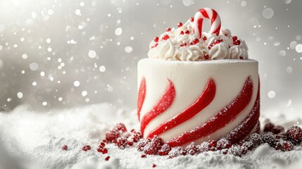 White cake decorated with red and white frosting displayed on a wooden table
