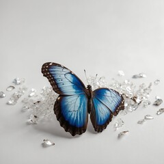 A stunning blue morpho butterfly with shimmering wings on a pure white background.