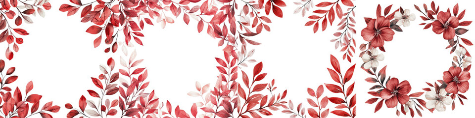 Obraz premium Lush and vibrant red floral pattern with elegant green foliage on a clean white background The image showcases a beautiful organic natural design with a flourishing