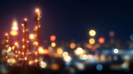 Fototapeta premium Night view of illuminated industrial tower with blurred city light in the background