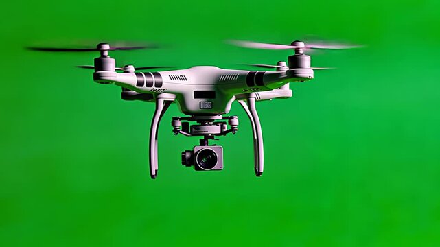 Quadcopter with camera in mid-air, used for aerial photography and videography. Aerial drone hovering in place with spinning propellers on green screen background