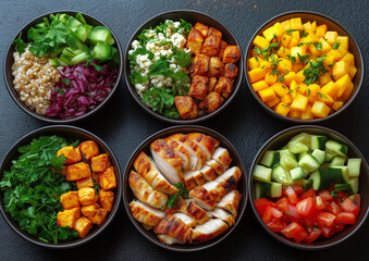 A high-quality photograph featuring five bowls filled with different types of low-waste, nutritious meals. Each bowl showcases a variety of fresh, colorful, and sustainable ingredients, promoting heal