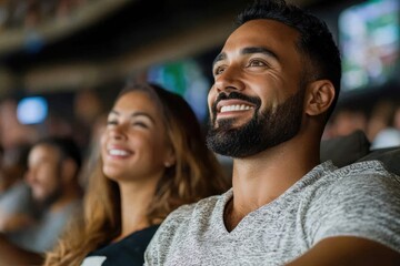man and a woman are sitting in the stadium and watching the game. The man with the beard is smiling. Football or a concert of popular music. a married couple having fun together.