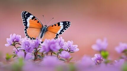 Obraz premium Beautiful Orange Butterfly Resting on Delicate Purple Flowers in a Serene Natural Setting