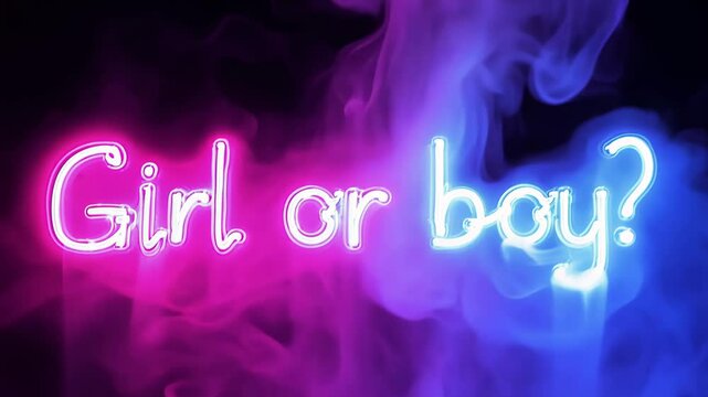 Glowing neon text 'Girl or boy?' in pink and blue, symbolizing a gender reveal theme with soft smoke effect