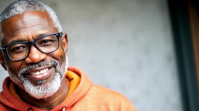 A smiling older man with glasses wears an orange hoodie while standing against a gray wall in a relaxed pose