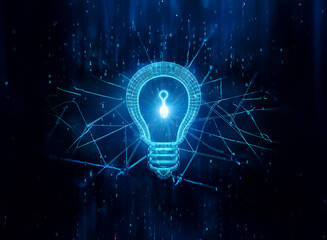 Bright digital light bulb icon made of blue lines and dots on a dark background. Symbolizes innovation and ideas radiating light and energy.