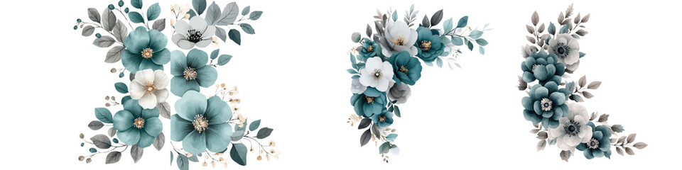 Elegant Teal and White Floral Bouquet with Minimalist Botanical Elements  arrangement of flowers leaves and petals in a contemporary abstract style  Ideal for wedding Valentine s Day