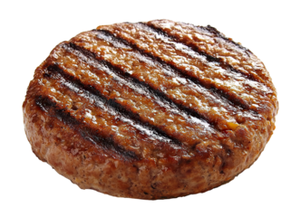 Perfectly cooked beef patty with grill lines, isolated on transparent cutout background