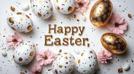 Elegant easter eggs, gold and white speckled eggs, light pink flowers, happy easter text in gold, confetti, flat lay, festive spring theme, spring holiday, celebration