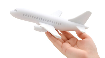 Fototapeta premium Hand holding a miniature airplane, isolated on transparent cutout background