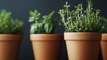 Obraz premium Assortment of Fresh Culinary Herbs in Terracotta Pots Against a Dark Background