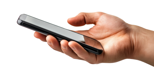 Hand holding smartphone, isolated on transparent cutout background