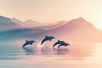 Three dolphins leap joyfully in the ocean at sunset, silhouetted against a majestic mountain range.