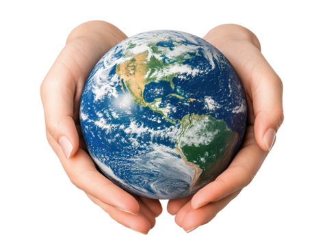 Planet Earth in human hands as a symbol of care, isolated on transparent cutout background